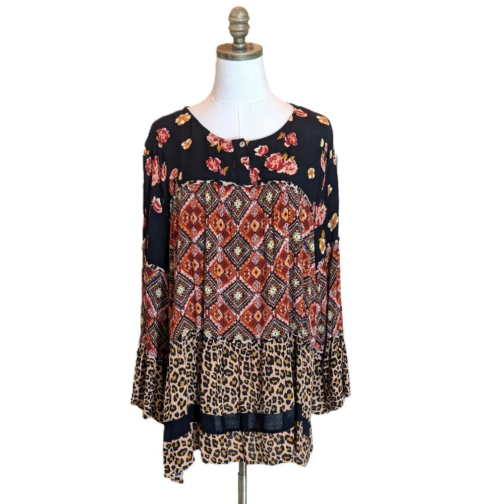 Calessa Multicolor Tiered Patchwork Blouse Plus Size 2X Round 3/4 Bell Sleeve